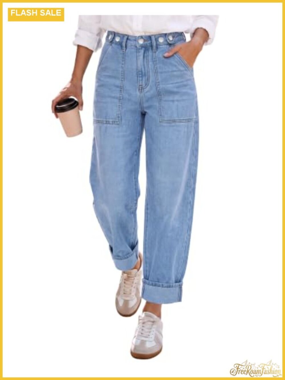High Waisted Cuffed Barrel Jeans Women Stretchy Denim Trendy